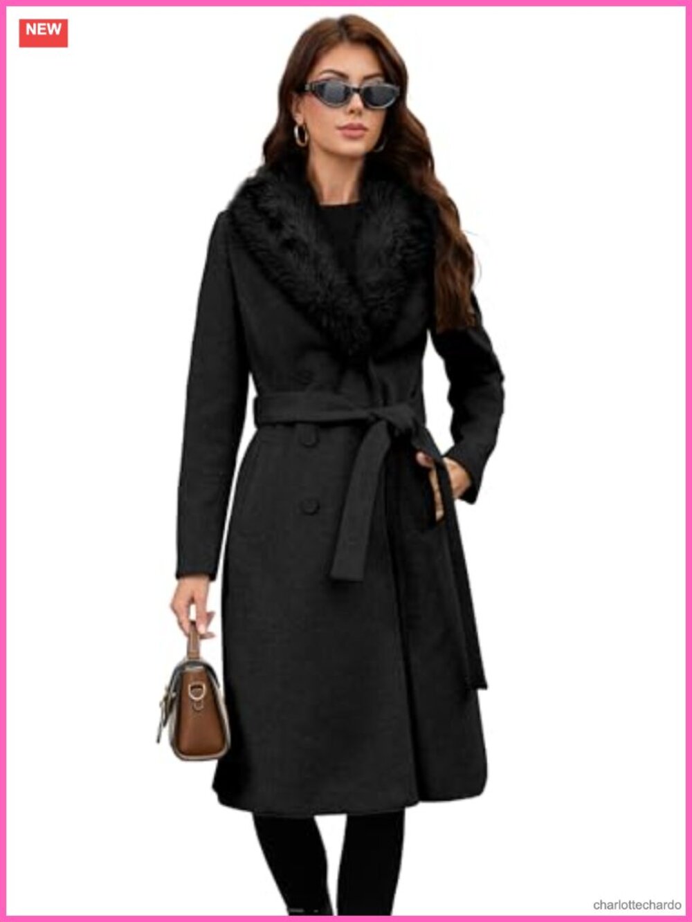 Women's Long Wool Coat Double-Breasted Belted Trench Detachable Faux Fur Collar